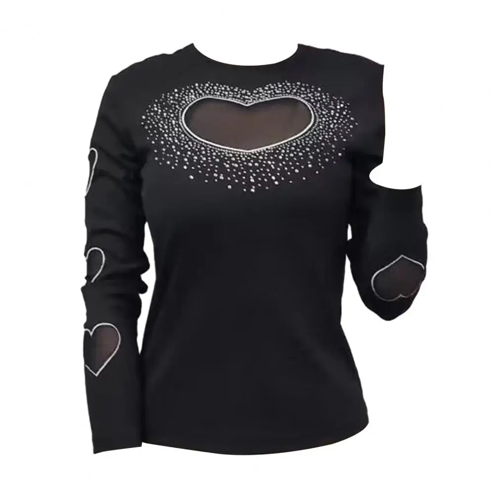 Woman Sexy Blouses Spring/ Fall Hollow Heart Velvet Patchwork Ribbed Knitted O-Neck Contrast Binding Ruffles Cold Shoulder Top