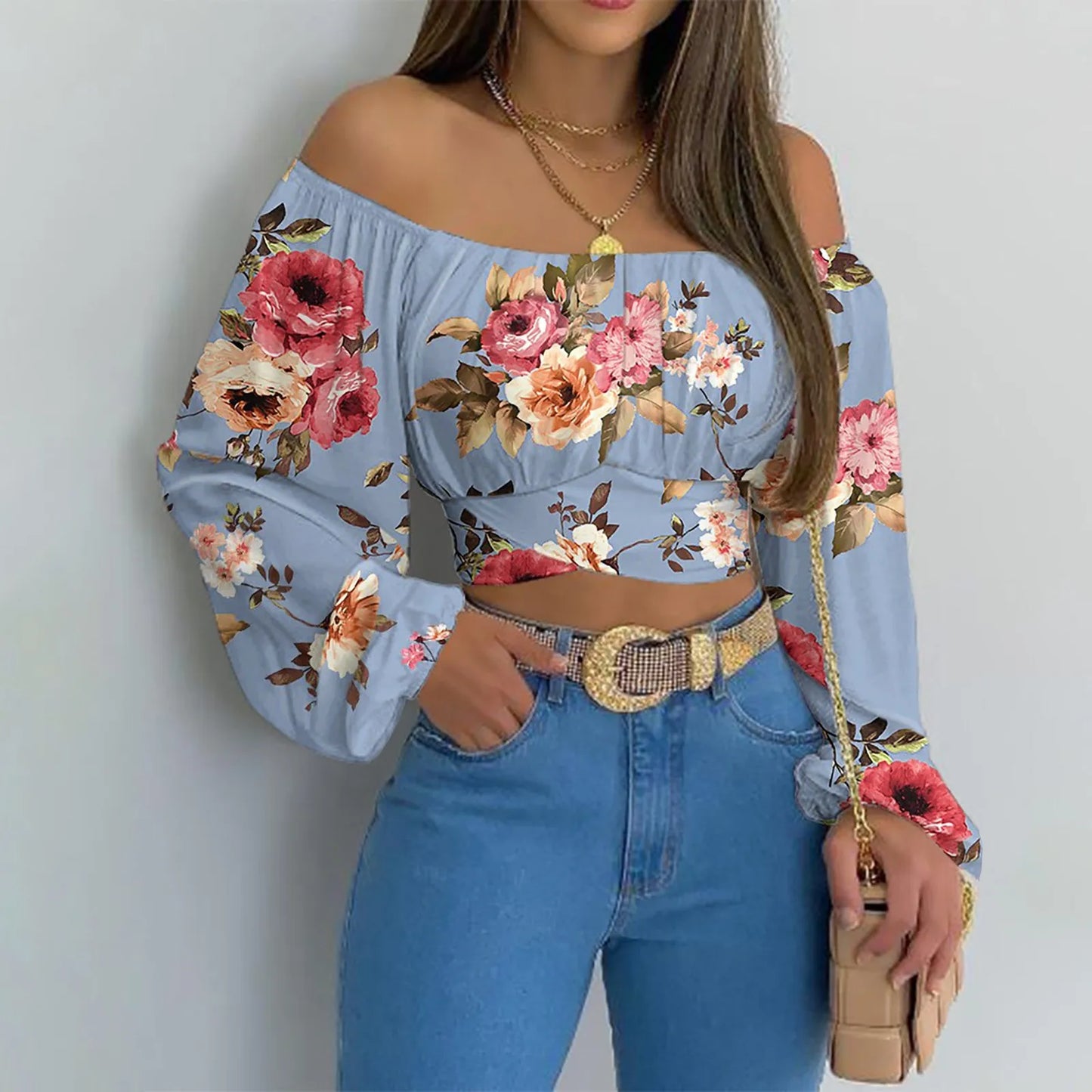 Women Sexy Off Shoulder Printing Blouses Chic and Elegant Lantern Long Sleeve Lace Up Bow Cropped Tops Casual Slim Shirts