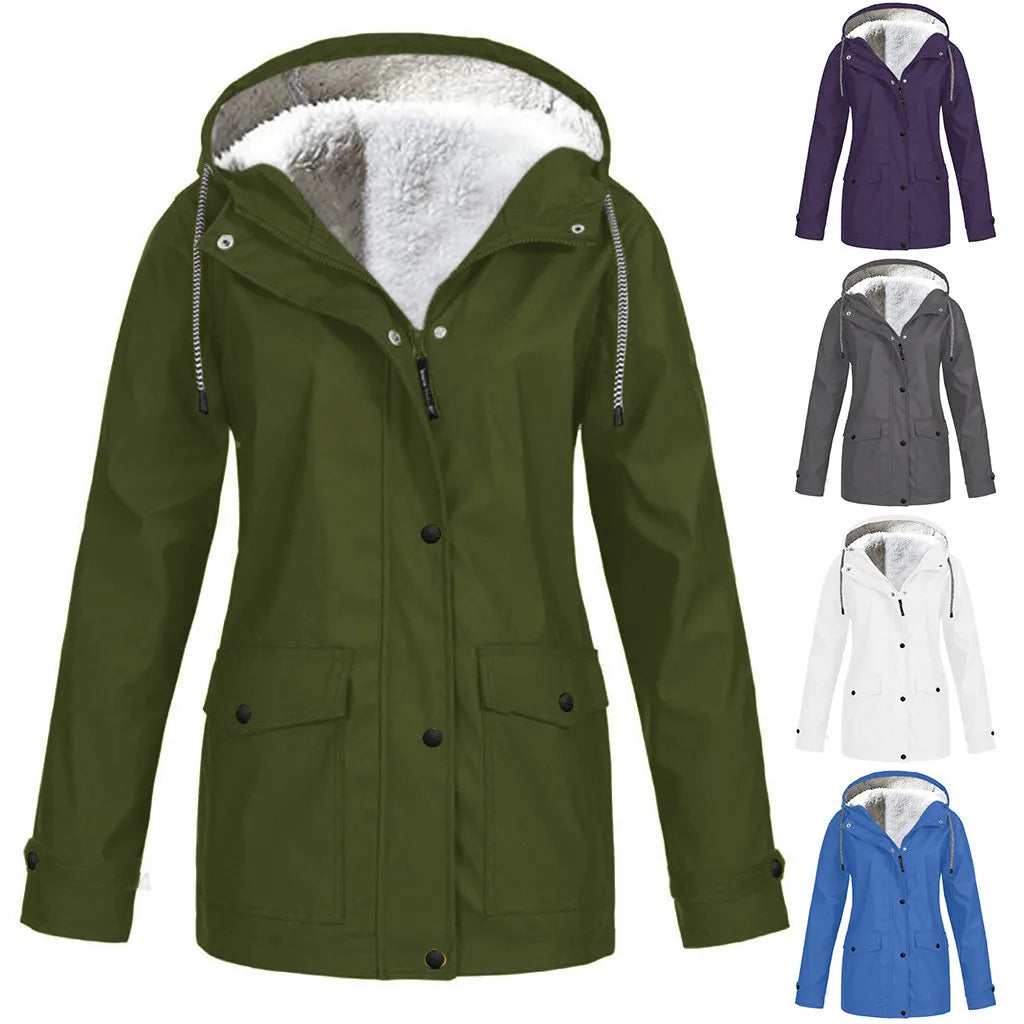 Women Outdoor Waterproof Rain Jacket Trench Coats Plus Size Windproof Hooded Coat Windbreaker Casual Zip Up Drawstring Jackets