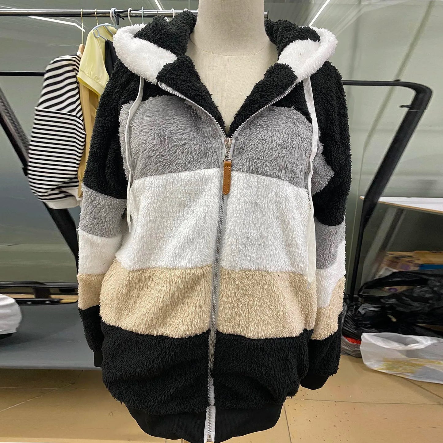 Womens Plush Jacket Fashion Splicing Loose Plush Long Sleeve Zipper Pocket Fall/winter Hooded Zipper Coat Thick High Quality