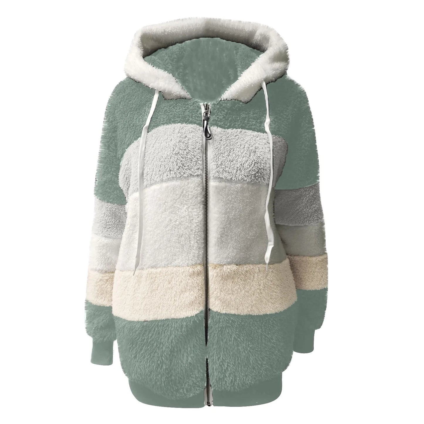 Womens Plush Jacket Fashion Splicing Loose Plush Long Sleeve Zipper Pocket Fall/winter Hooded Zipper Coat Thick High Quality