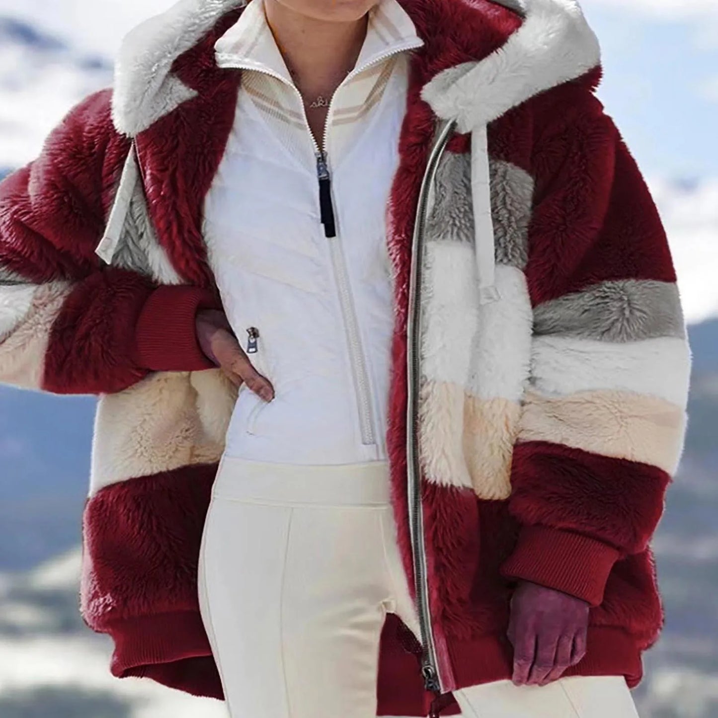 Womens Plush Jacket Fashion Splicing Loose Plush Long Sleeve Zipper Pocket Fall/winter Hooded Zipper Coat Thick High Quality