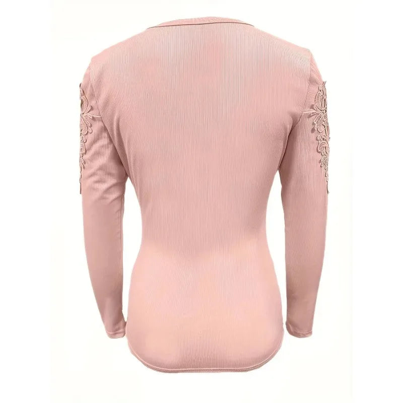 Spring and Fall Women's Top Round Neck Button Slim Fit Long Sleeve Hollow Out T-shirt