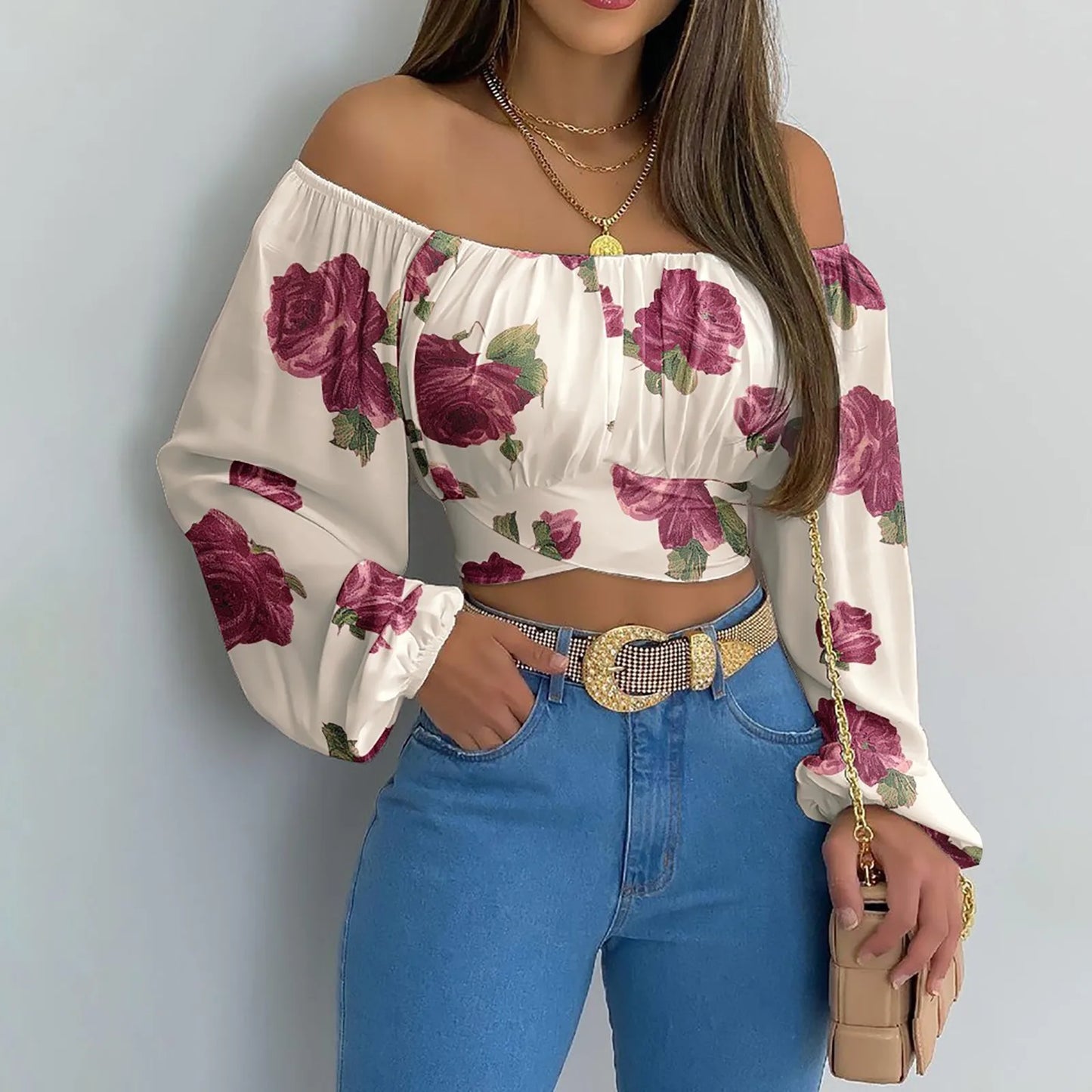 Women Sexy Off Shoulder Printing Blouses Chic and Elegant Lantern Long Sleeve Lace Up Bow Cropped Tops Casual Slim Shirts