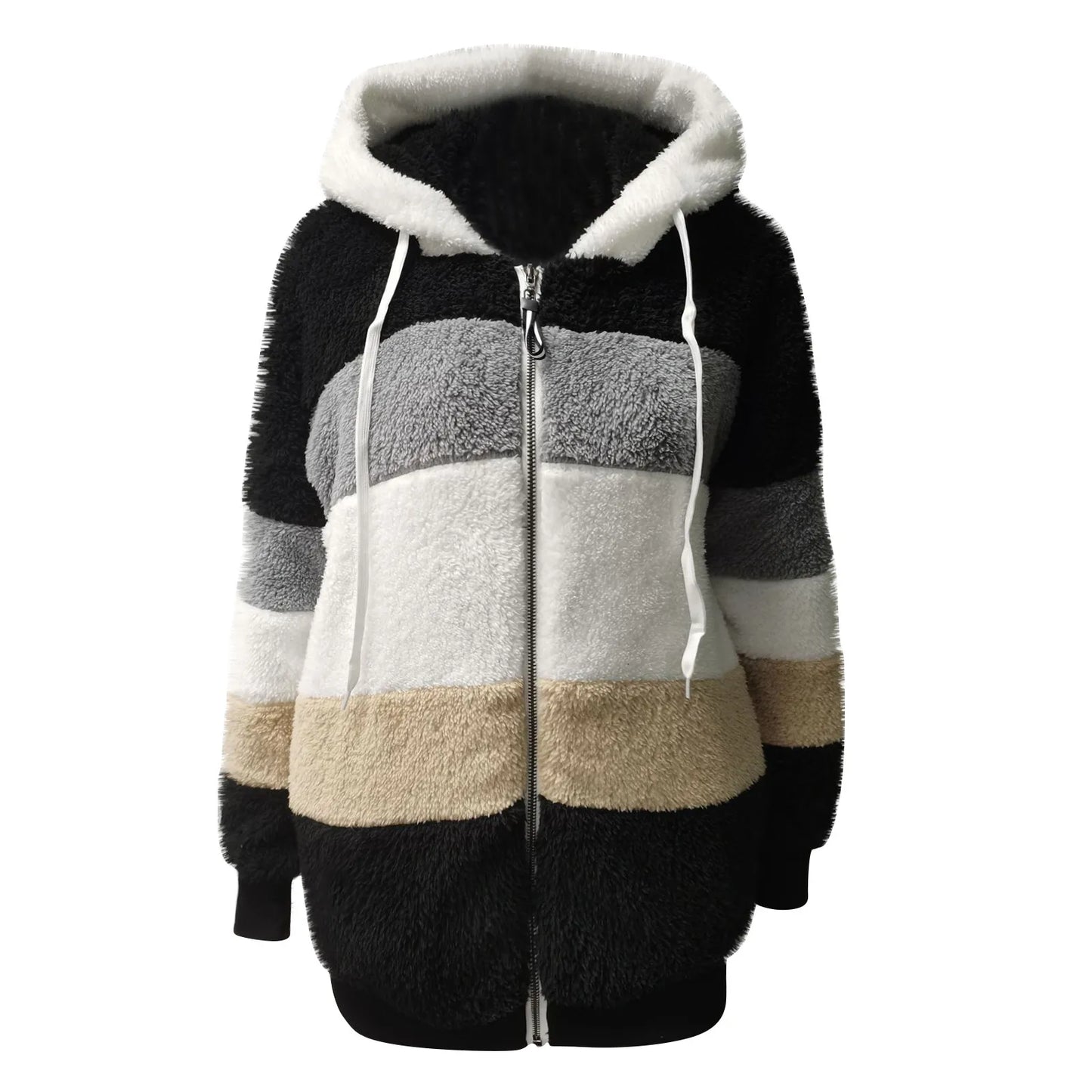 Womens Plush Jacket Fashion Splicing Loose Plush Long Sleeve Zipper Pocket Fall/winter Hooded Zipper Coat Thick High Quality