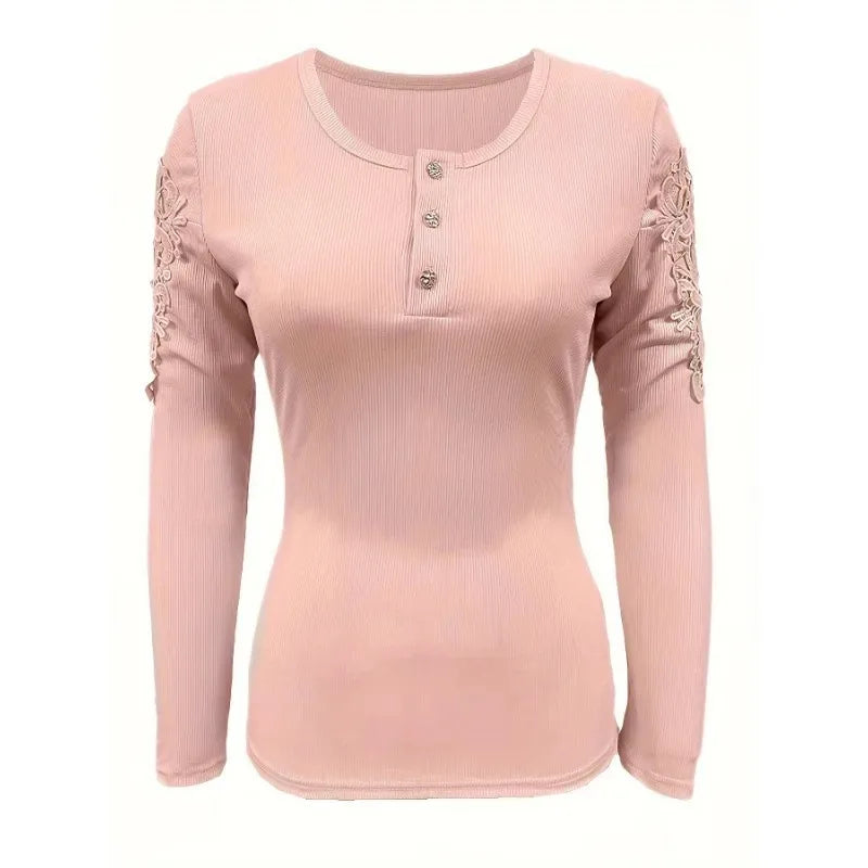 Spring and Fall Women's Top Round Neck Button Slim Fit Long Sleeve Hollow Out T-shirt