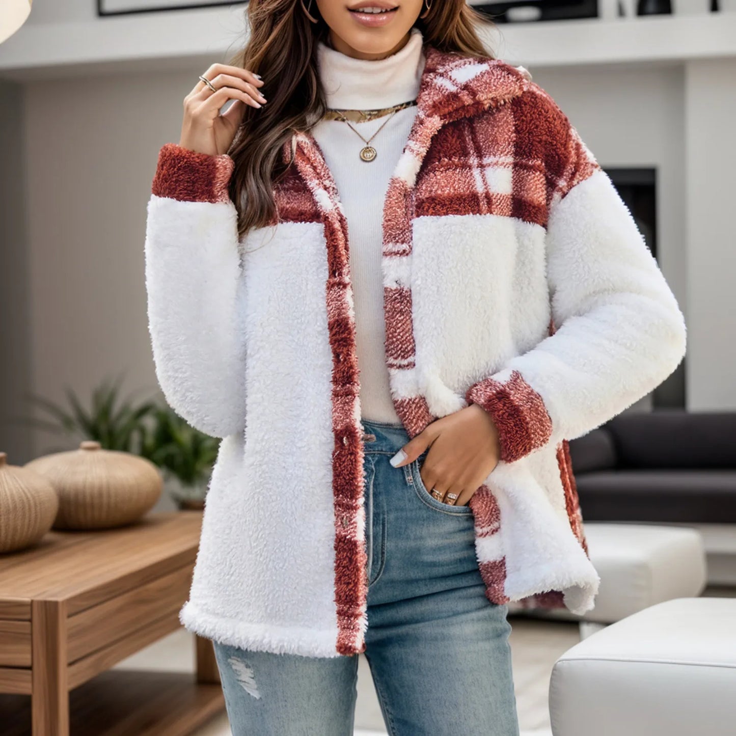 Fall Winter Jacket For Women Thicken Overcoat Long Sleeve Lapel Loose Plush Jacket
