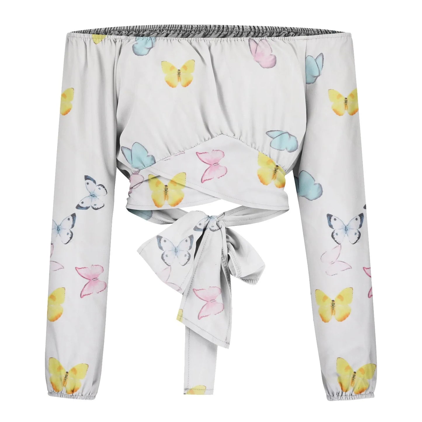 Women Sexy Off Shoulder Printing Blouses Chic and Elegant Lantern Long Sleeve Lace Up Bow Cropped Tops Casual Slim Shirts