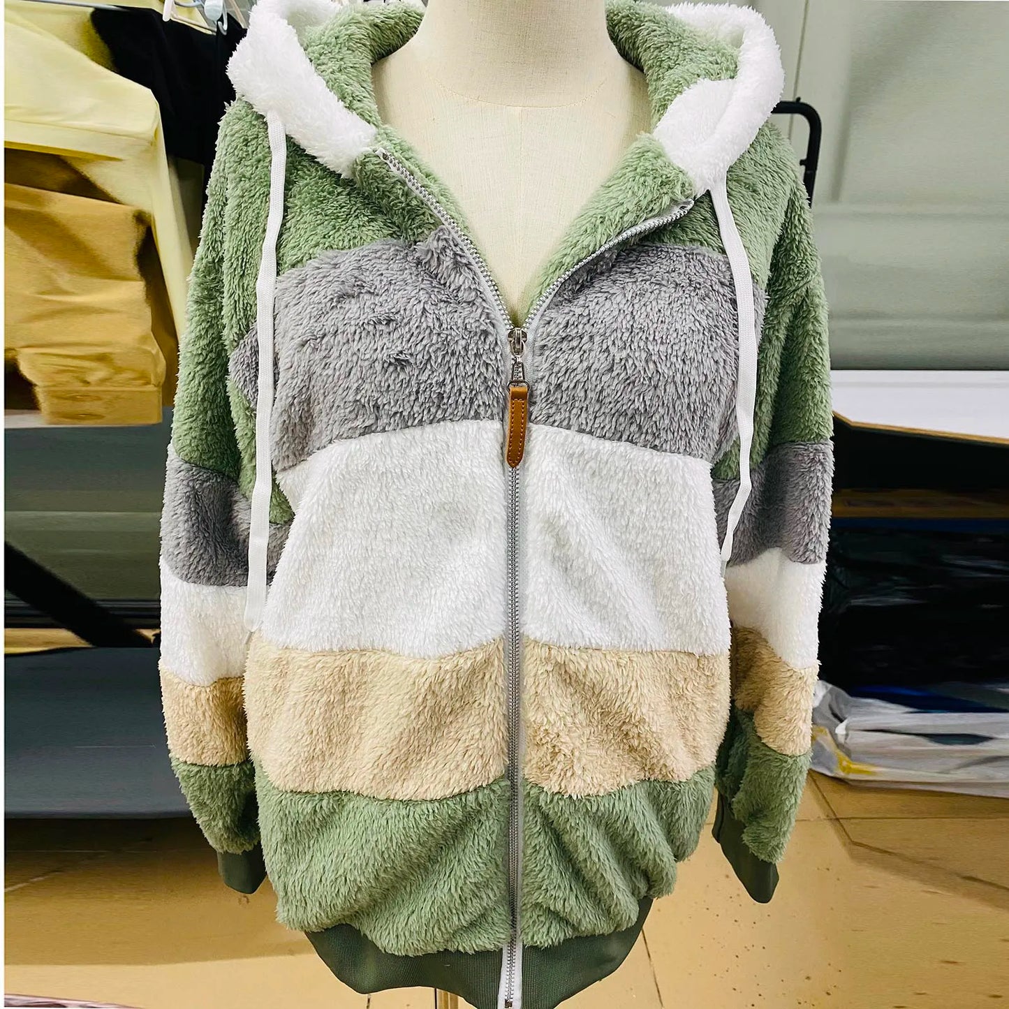 Womens Plush Jacket Fashion Splicing Loose Plush Long Sleeve Zipper Pocket Fall/winter Hooded Zipper Coat Thick High Quality