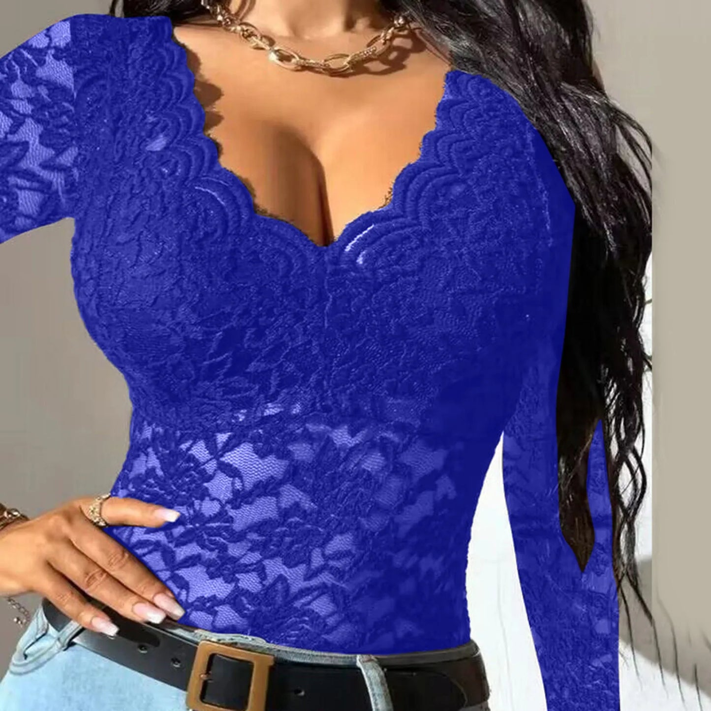 New Women Slim Tunic Lace V Neck T-shirt Elegant Summer Long Sleeve Flower Embroidery See-through Shirt Tops Blouse