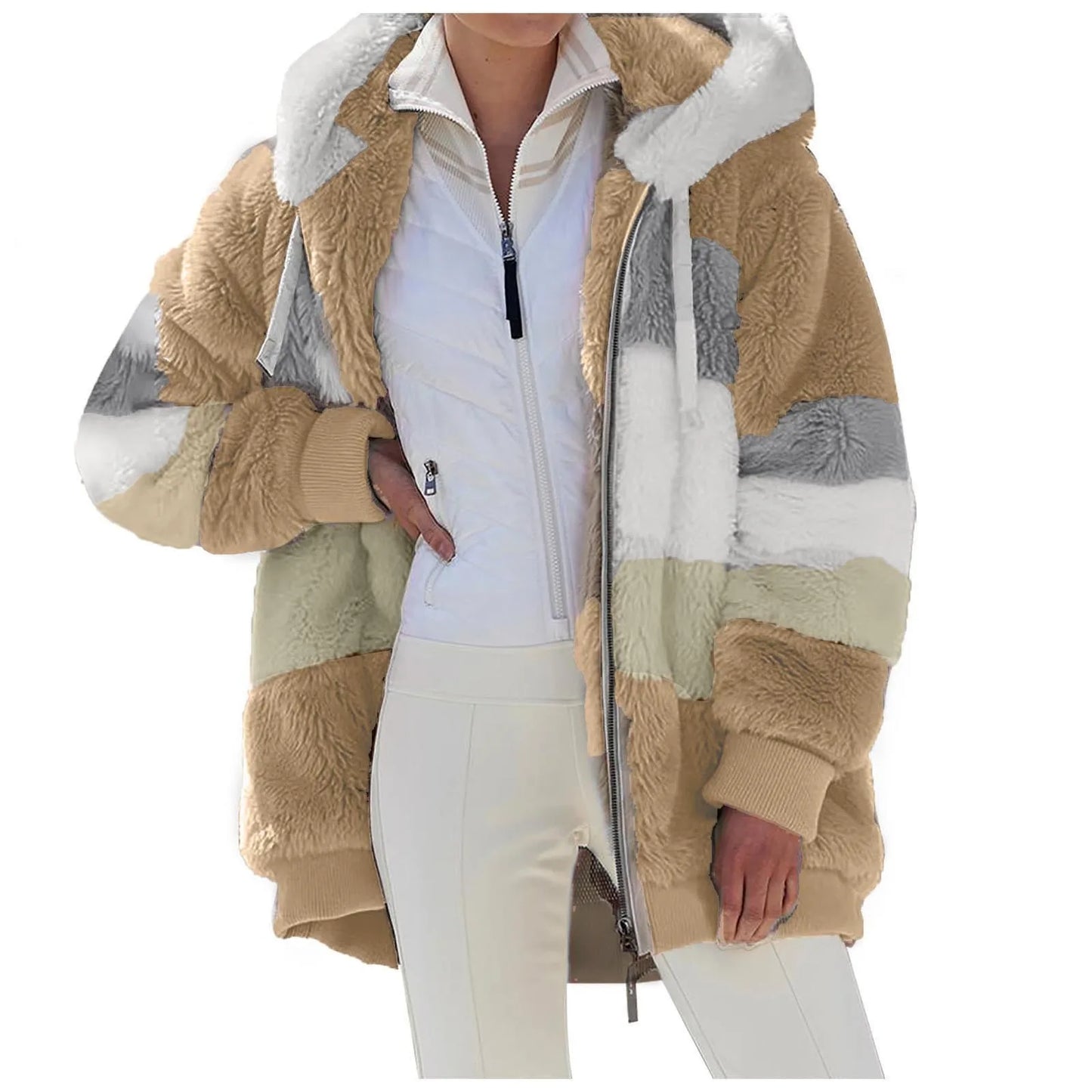 Womens Plush Jacket Fashion Splicing Loose Plush Long Sleeve Zipper Pocket Fall/winter Hooded Zipper Coat Thick High Quality