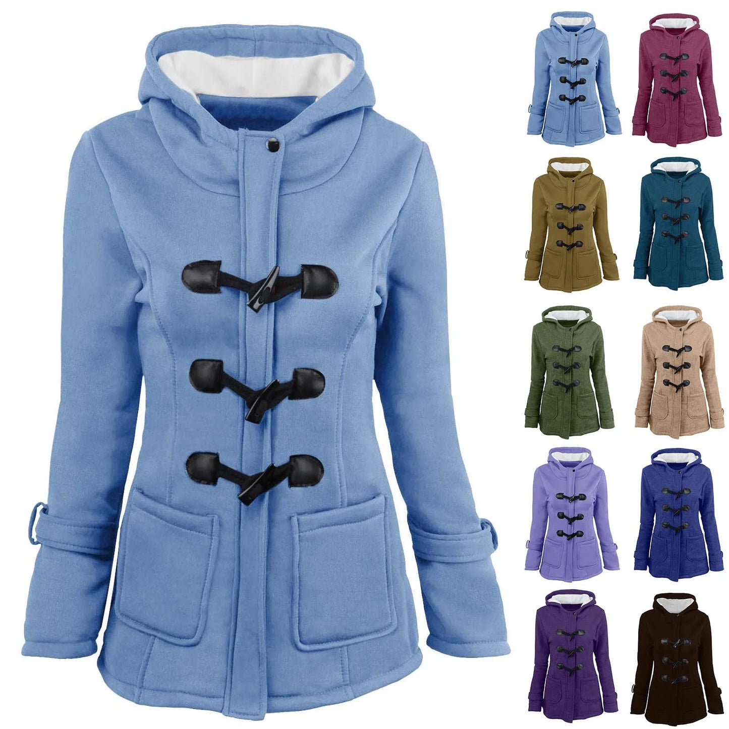 Women Thickened Basic Jackets Fall / Winter Zipper Hooded Coat Female Long Trench Coat Horn Button Outwear Ladies Fleece Jacket
