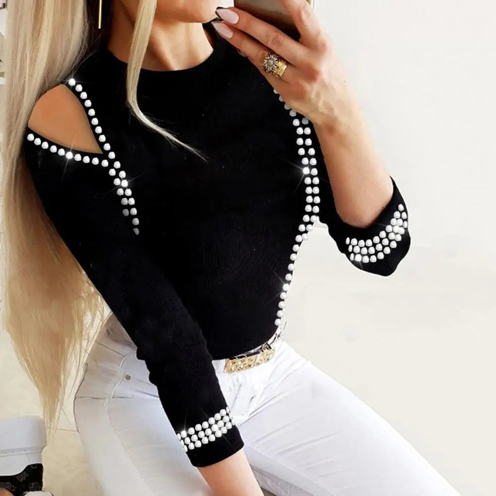 Woman Sexy Blouses Spring/ Fall Hollow Heart Velvet Patchwork Ribbed Knitted O-Neck Contrast Binding Ruffles Cold Shoulder Top