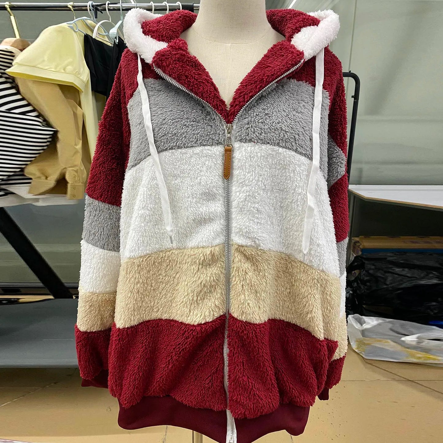 Womens Plush Jacket Fashion Splicing Loose Plush Long Sleeve Zipper Pocket Fall/winter Hooded Zipper Coat Thick High Quality