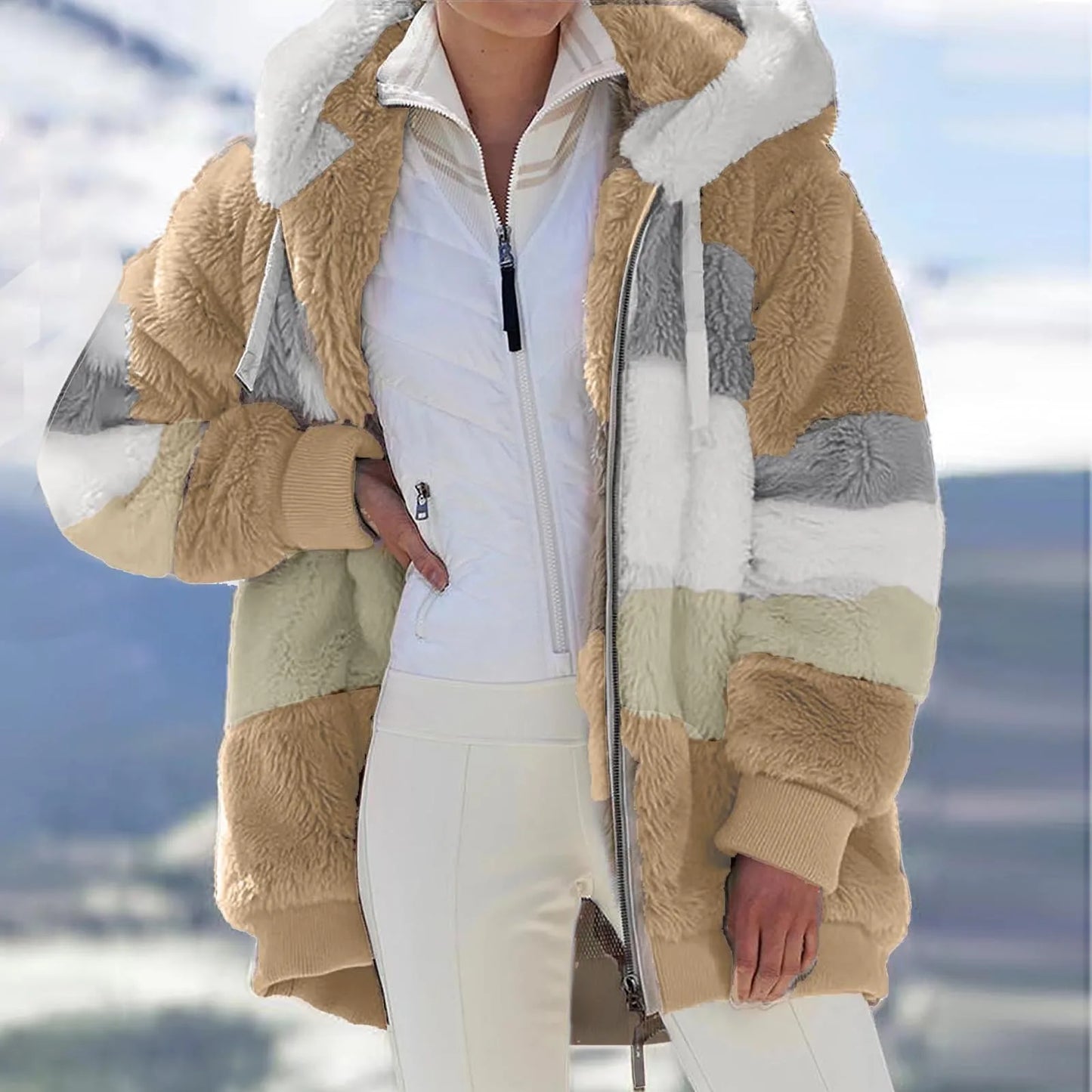 Womens Plush Jacket Fashion Splicing Loose Plush Long Sleeve Zipper Pocket Fall/winter Hooded Zipper Coat Thick High Quality