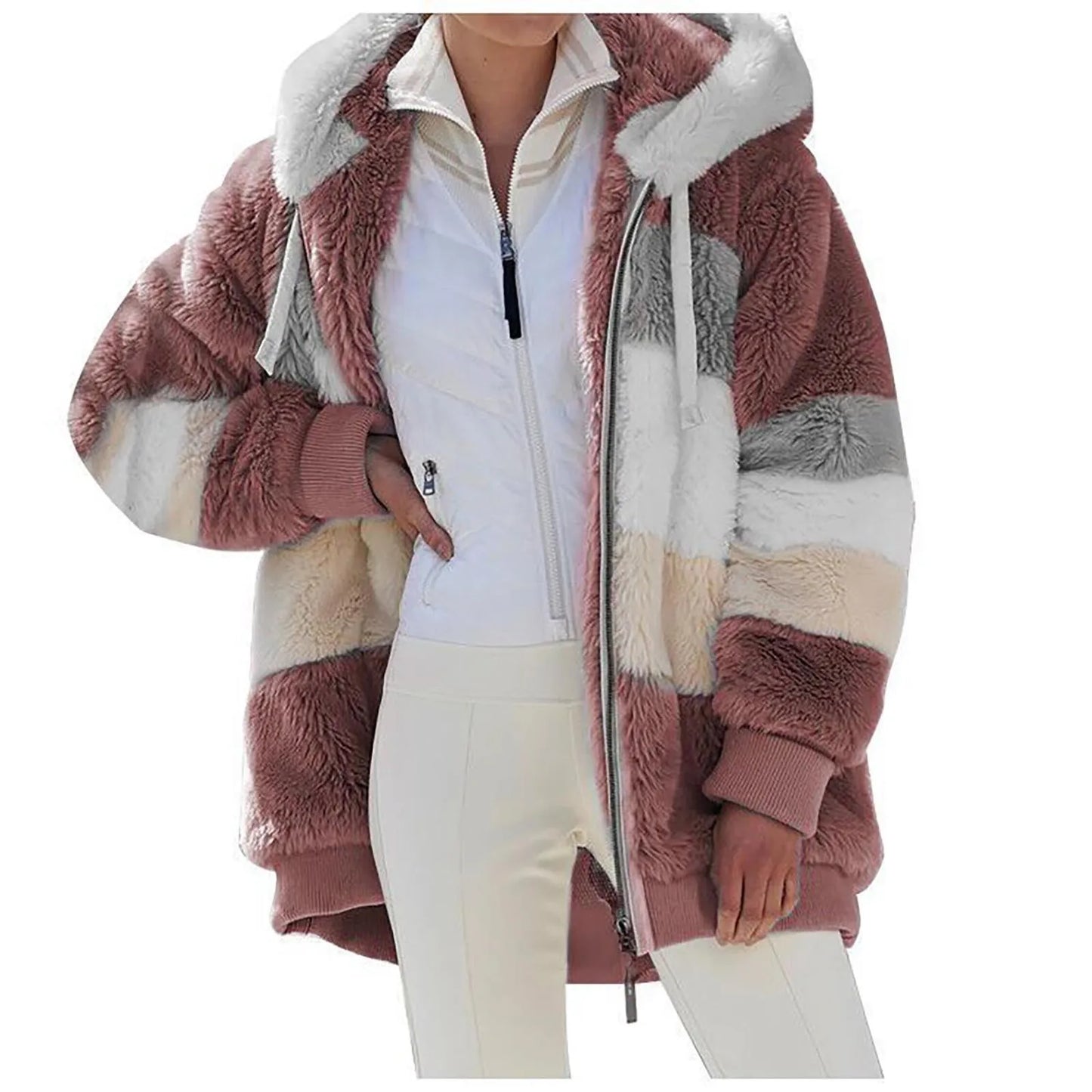 Womens Plush Jacket Fashion Splicing Loose Plush Long Sleeve Zipper Pocket Fall/winter Hooded Zipper Coat Thick High Quality