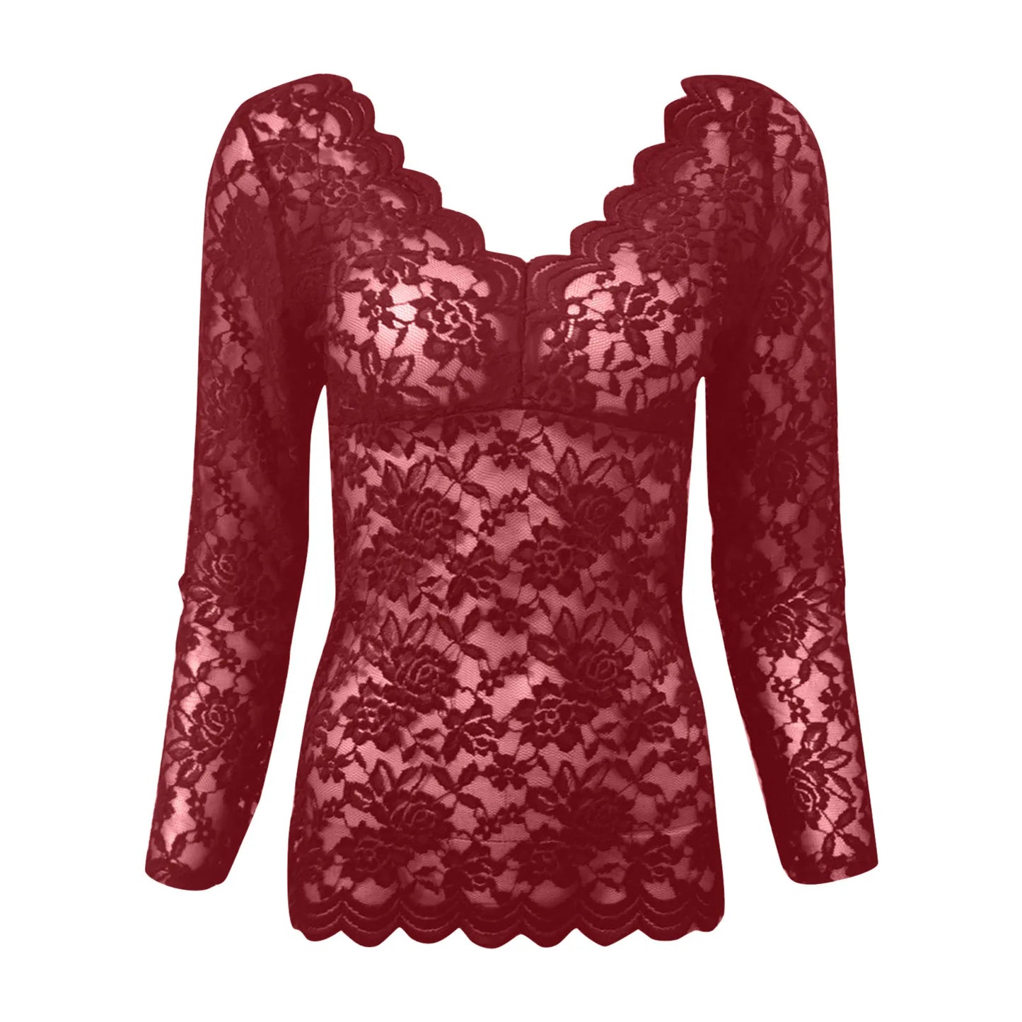 New Women Slim Tunic Lace V Neck T-shirt Elegant Summer Long Sleeve Flower Embroidery See-through Shirt Tops Blouse