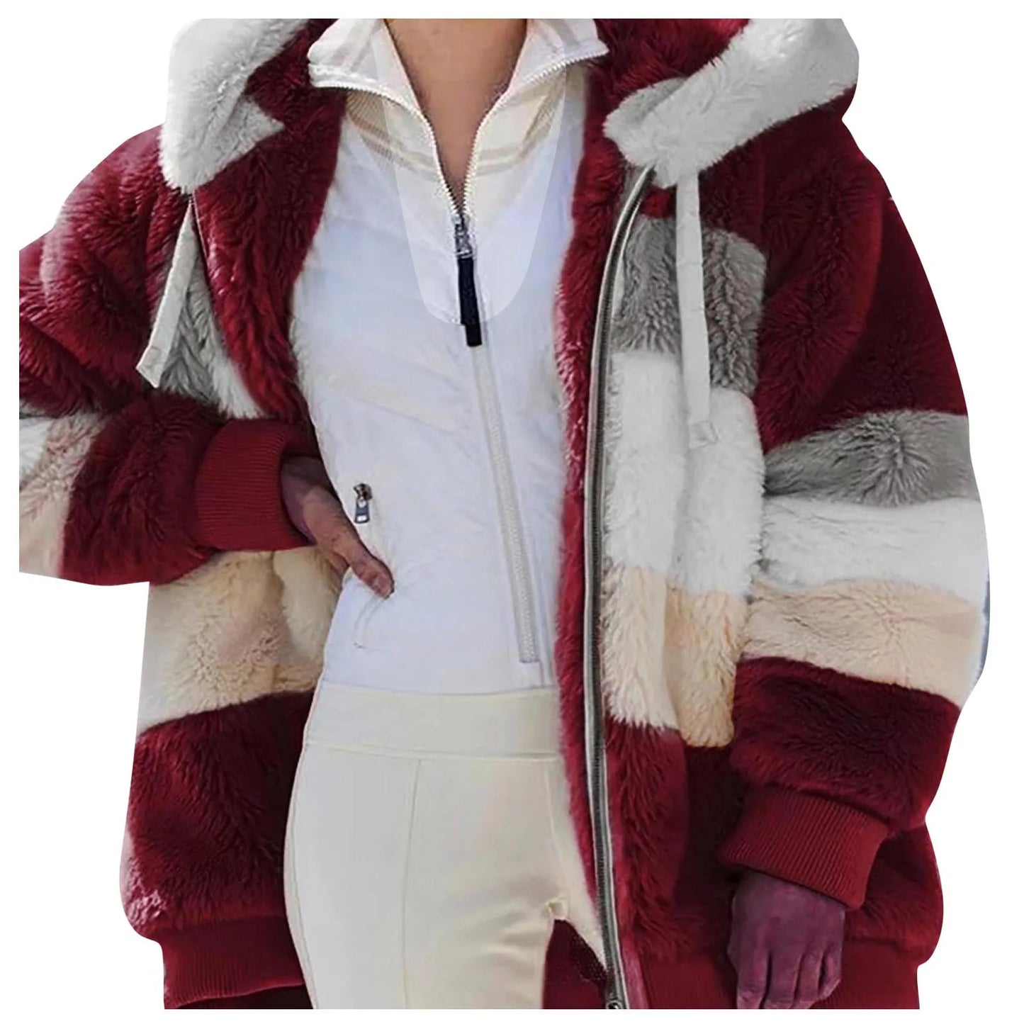 Womens Plush Jacket Fashion Splicing Loose Plush Long Sleeve Zipper Pocket Fall/winter Hooded Zipper Coat Thick High Quality