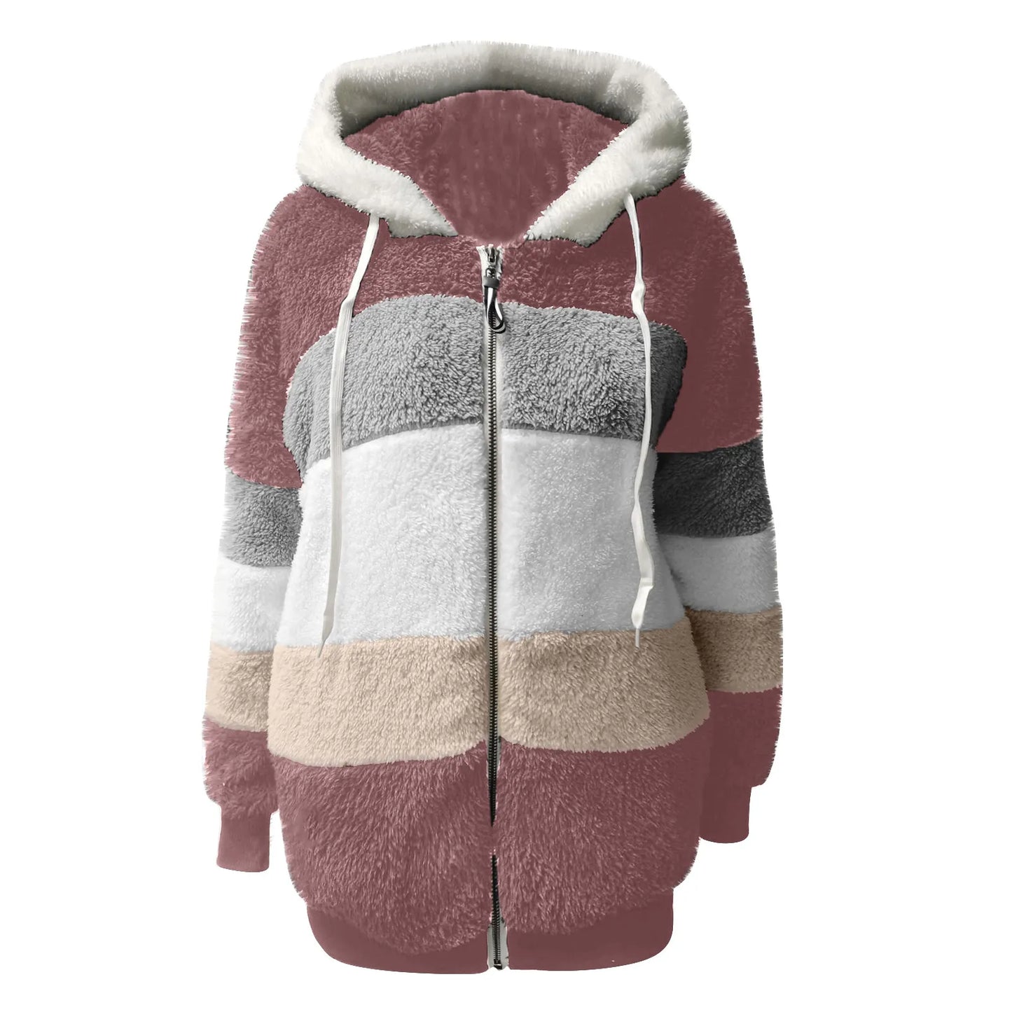 Womens Plush Jacket Fashion Splicing Loose Plush Long Sleeve Zipper Pocket Fall/winter Hooded Zipper Coat Thick High Quality