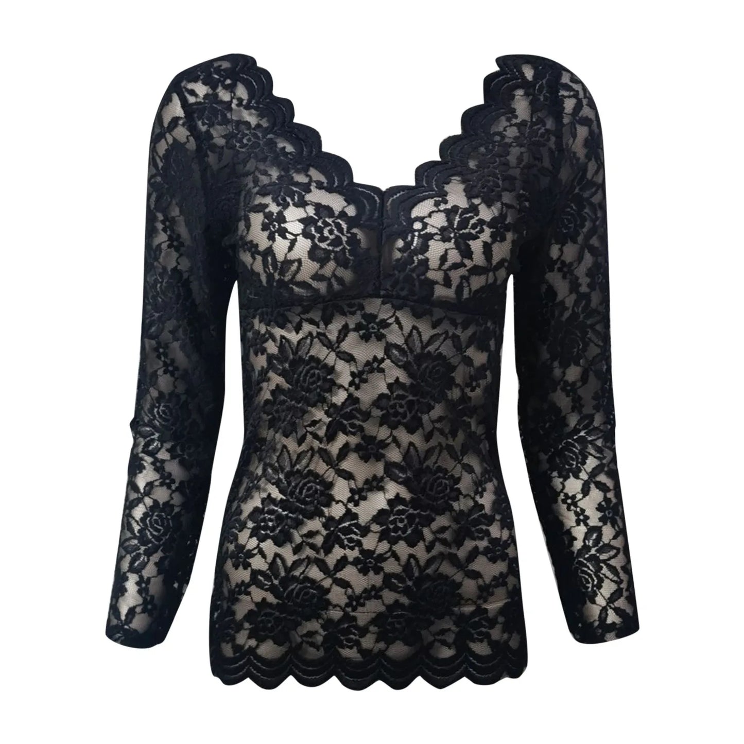 New Women Slim Tunic Lace V Neck T-shirt Elegant Summer Long Sleeve Flower Embroidery See-through Shirt Tops Blouse