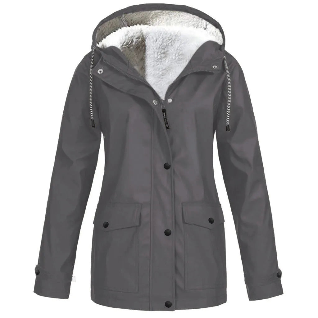 Women Outdoor Waterproof Rain Jacket Trench Coats Plus Size Windproof Hooded Coat Windbreaker Casual Zip Up Drawstring Jackets
