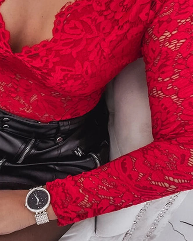 Woman Fashion Bodysuits Crochet Lace Female Clothing Deep V Asymmetrical Neck Elegant Women Spring New Solid Slim Jumpsuits