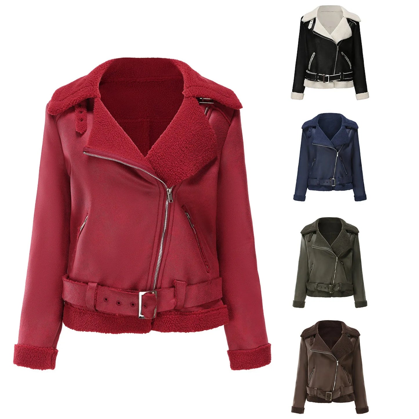 Winter Women Coat Thick Warm Suede Lamb Jacket Short Motorcycle Coats Faux Shearling Sheepskin Leather Jackets Chic Outwear