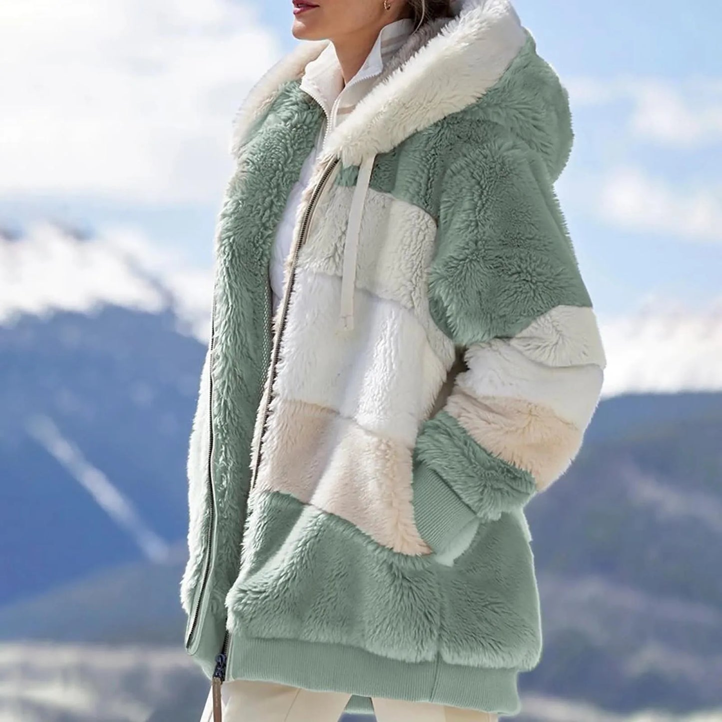 Womens Plush Jacket Fashion Splicing Loose Plush Long Sleeve Zipper Pocket Fall/winter Hooded Zipper Coat Thick High Quality