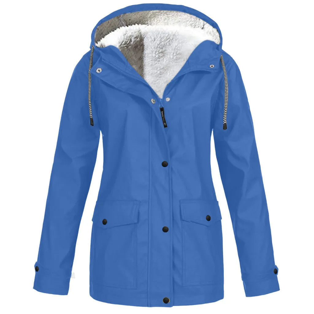 Women Outdoor Waterproof Rain Jacket Trench Coats Plus Size Windproof Hooded Coat Windbreaker Casual Zip Up Drawstring Jackets