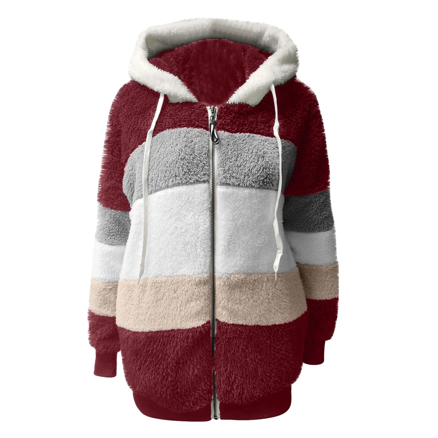 Womens Plush Jacket Fashion Splicing Loose Plush Long Sleeve Zipper Pocket Fall/winter Hooded Zipper Coat Thick High Quality
