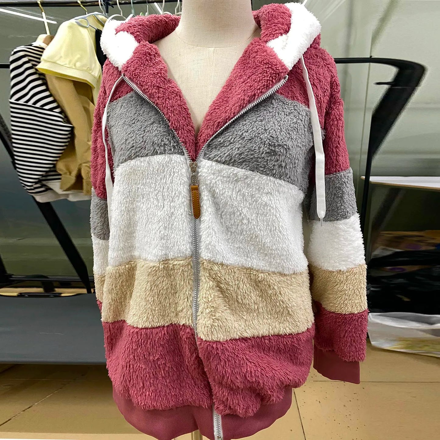 Womens Plush Jacket Fashion Splicing Loose Plush Long Sleeve Zipper Pocket Fall/winter Hooded Zipper Coat Thick High Quality