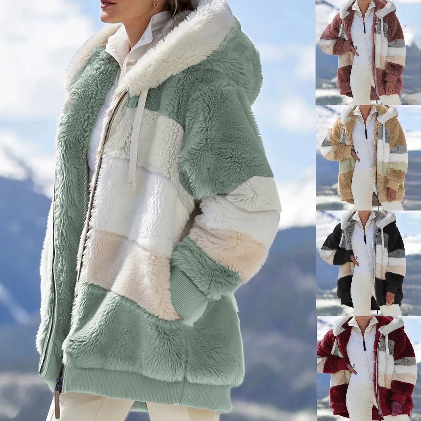 Womens Plush Jacket Fashion Splicing Loose Plush Long Sleeve Zipper Pocket Fall/winter Hooded Zipper Coat Thick High Quality
