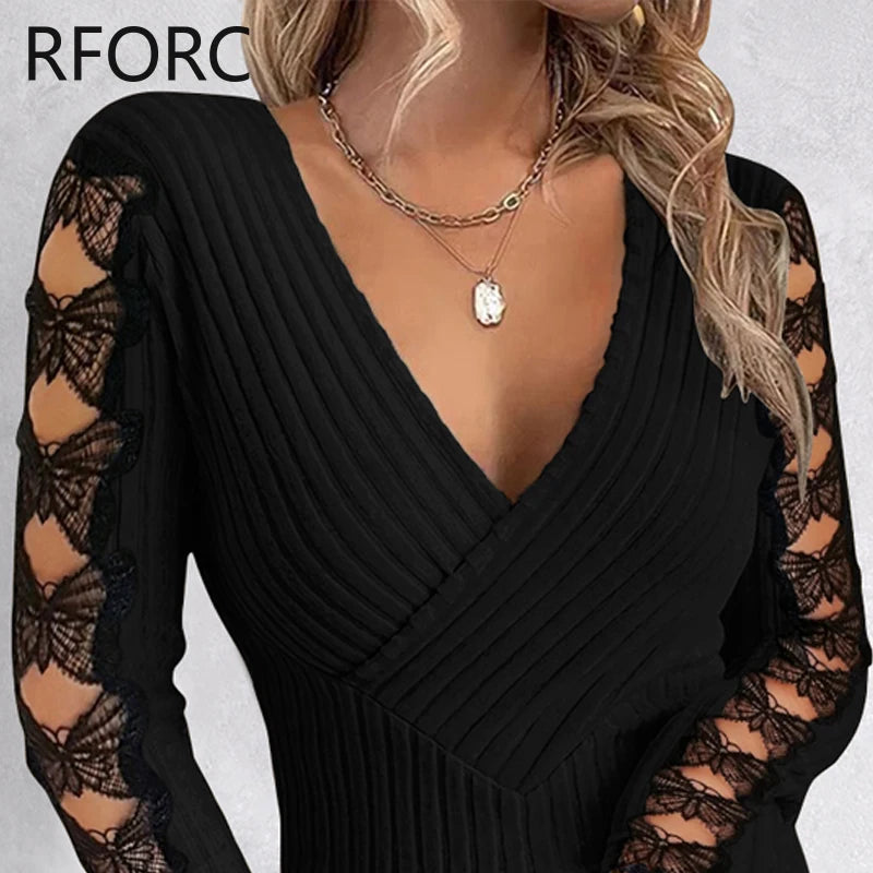 Women Deep V Neck Wrap Lace Bow Hollow Out  Knitting Basic Black Blouse Top