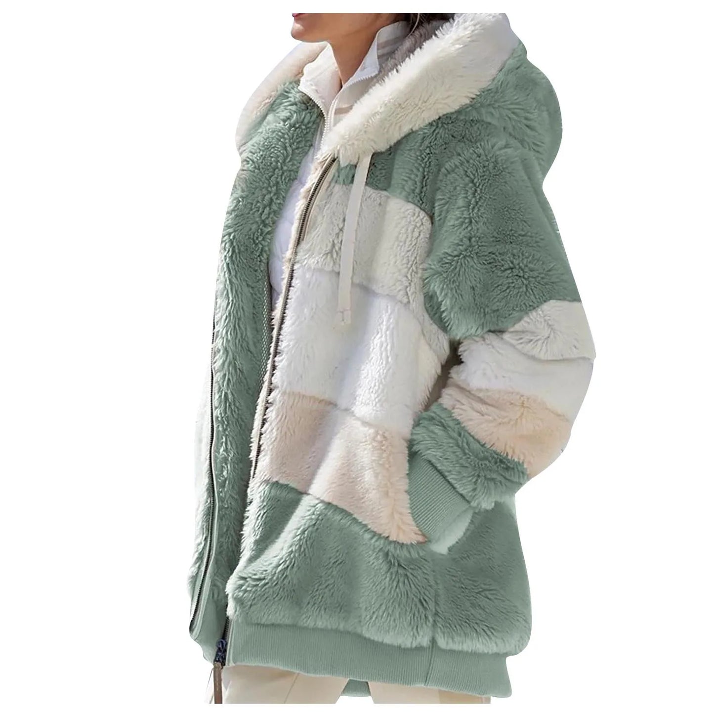 Womens Plush Jacket Fashion Splicing Loose Plush Long Sleeve Zipper Pocket Fall/winter Hooded Zipper Coat Thick High Quality
