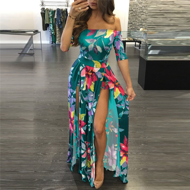 Women Floral Print Hobo Beach Long Dress Summer Elegant Off Shoulder Half Sleeve High Slit Party Dresses Outfit Beach Vestidos