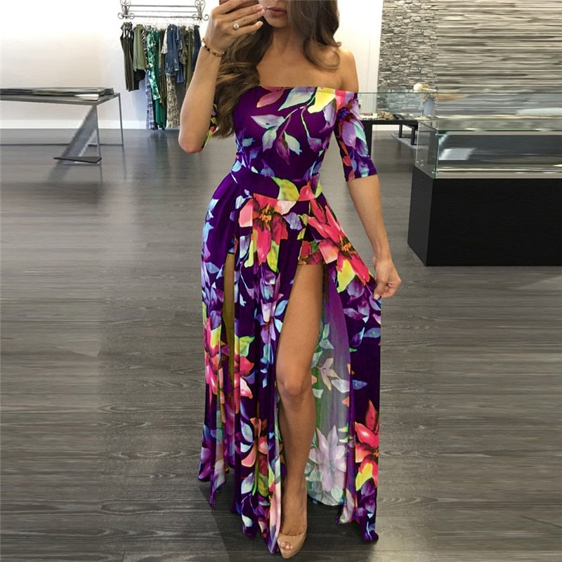Women Floral Print Hobo Beach Long Dress Summer Elegant Off Shoulder Half Sleeve High Slit Party Dresses Outfit Beach Vestidos