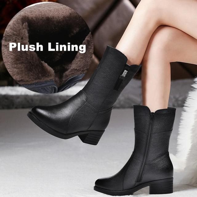 Genuine Leather Mid Calf Zipper Boots