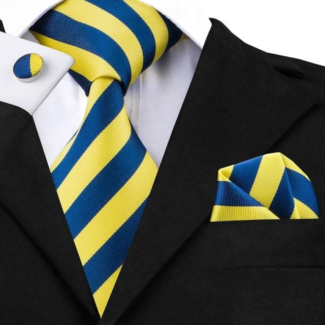 SN-1490 Hi-Tie New Classic Silk Ties Yellow Blue Striped Neck Tie Hanky Cufflinks Set for Mens Business Wedding Party