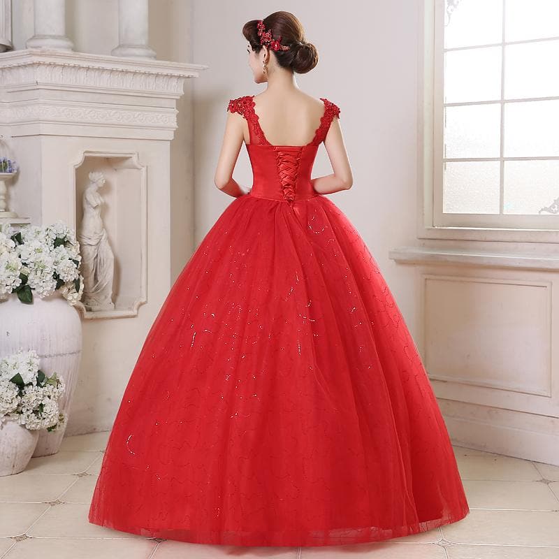 Red White Crystal V-neck Wedding Gowns Plus size Princess Lace Bride Frocks Dress