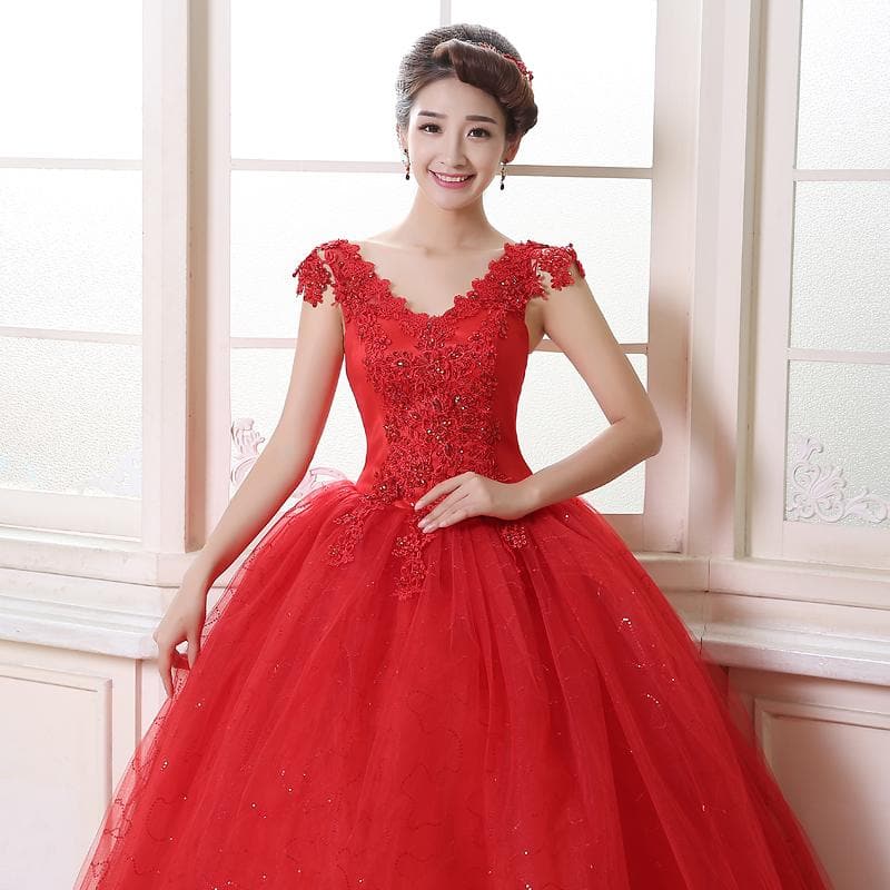 Red White Crystal V-neck Wedding Gowns Plus size Princess Lace Bride Frocks Dress