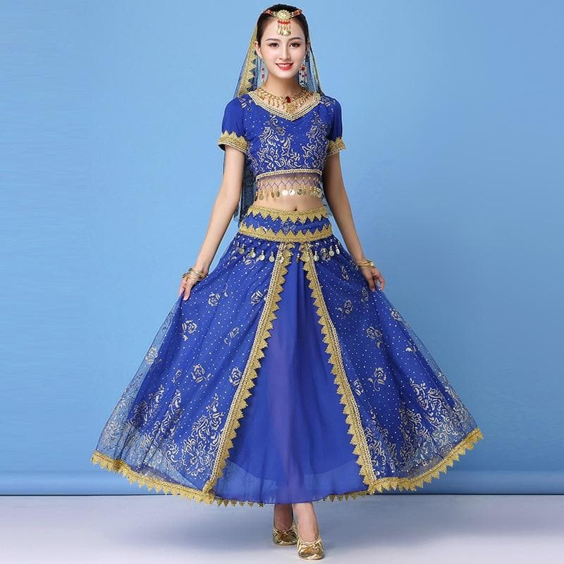 Dance Wear Women Performance Indian Sari Outfit Bollywood Belly Dance Costumes Set (Top+belt+skirt+veil+headpiece)