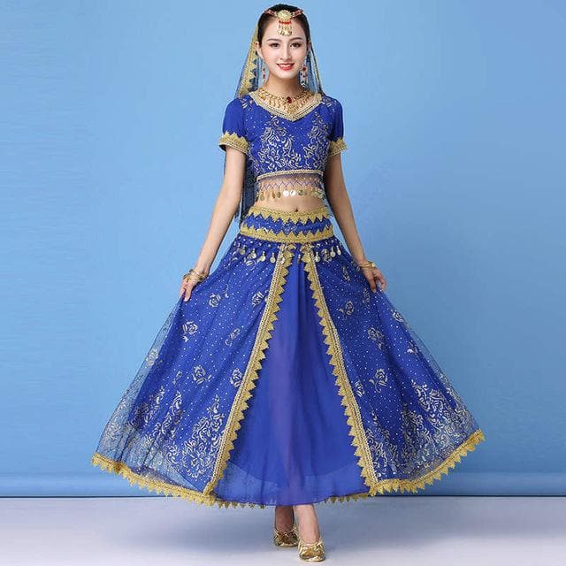 Dance Wear Women Performance Indian Sari Outfit Bollywood Belly Dance Costumes Set (Top+belt+skirt+veil+headpiece)
