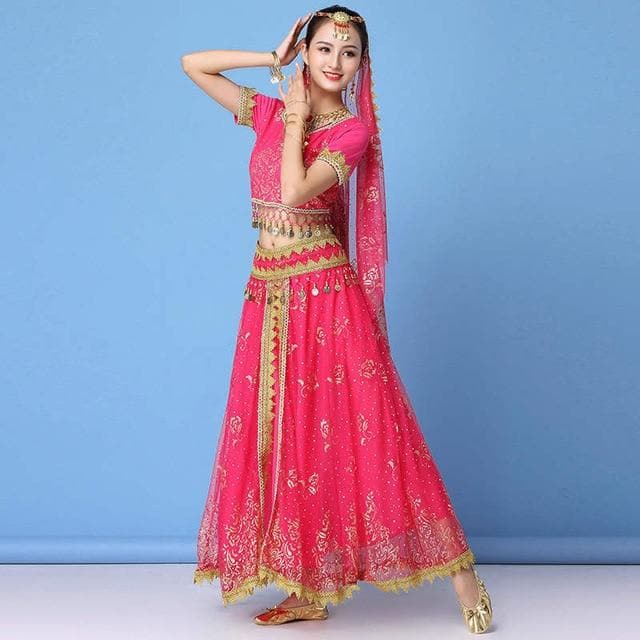 Dance Wear Women Performance Indian Sari Outfit Bollywood Belly Dance Costumes Set (Top+belt+skirt+veil+headpiece)