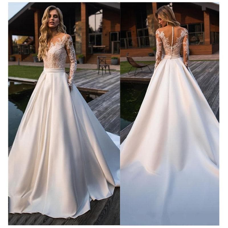 LORIE Wedding Dress Long Sleeves Beach Bride Dress Appliques Lace Sexy See Through Back White Ivory Wedding Gown