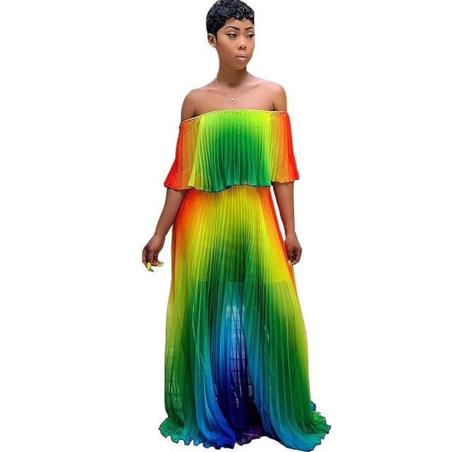 Off Shoulder Rainbow Color Elegant Women Dress Chiffon Summer Maxi Dress A-line Floor Length Femme Pleated Dress Vestidos