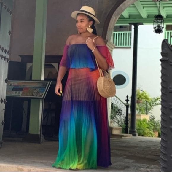 Off Shoulder Rainbow Color Elegant Women Dress Chiffon Summer Maxi Dress A-line Floor Length Femme Pleated Dress Vestidos