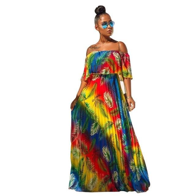 Off Shoulder Rainbow Color Elegant Women Dress Chiffon Summer Maxi Dress A-line Floor Length Femme Pleated Dress Vestidos