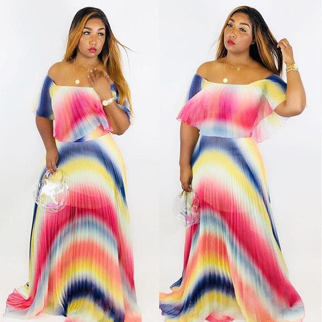 Off Shoulder Rainbow Color Elegant Women Dress Chiffon Summer Maxi Dress A-line Floor Length Femme Pleated Dress Vestidos