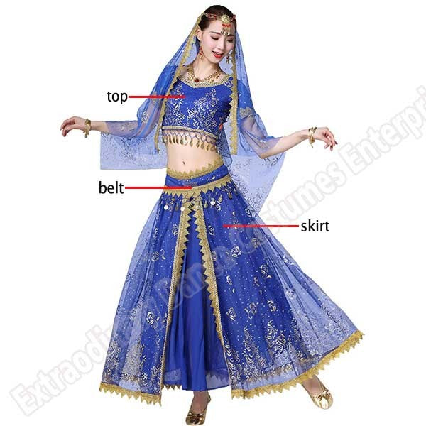 New Women Indian Belly Dance Costume Set Dance Sari Outfit Bollywood Stage Performance Chiffon Top Belt Skirt