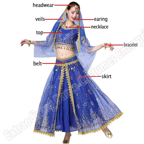 New Women Indian Belly Dance Costume Set Dance Sari Outfit Bollywood Stage Performance Chiffon Top Belt Skirt